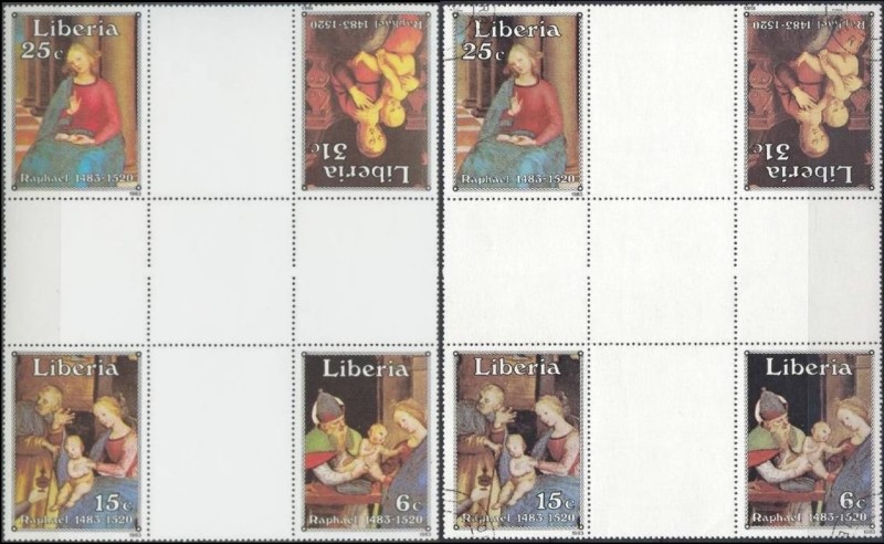 Liberia 1983 500th Anniversary of the Birth of Raphael, Paintings Crossgutter Blocks Liberia 1983 500th Anniversary of the Birth of Raphael, Paintings Crossgutter Blocks